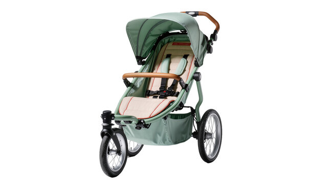 Isolated modern three-wheeled jogging stroller for active parents, comfortable and stylish baby transport.