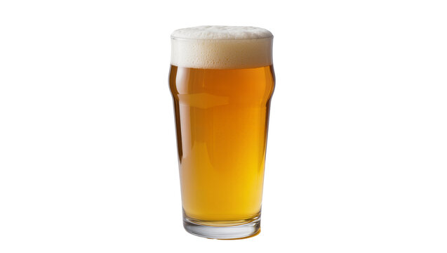 Isolated refreshing golden lager beer with thick white foam in a classic pint glass