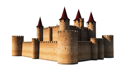 Isolated magnificent fantasy castle fortress with towering stone walls and sharp red roofs © Julie