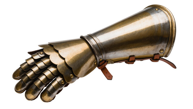 Isolated medieval gauntlet made of polished metal and leather straps, historical knight armor