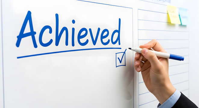 A hand writing "Achieved" on a whiteboard with a blue marker