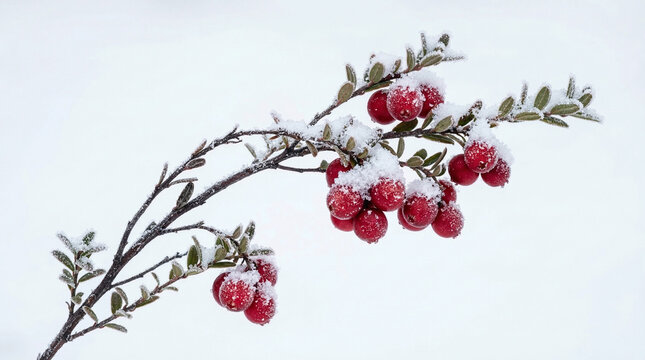 Red berries covered in frost and snow on a winter branch.