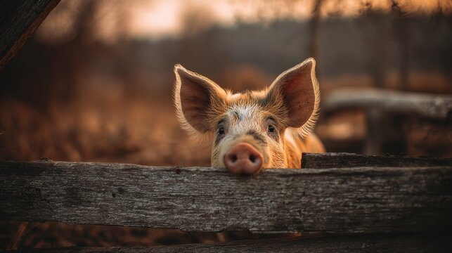 Young pig peeking over wooden fence at sunset in barnyard