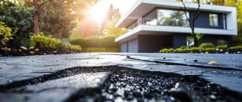 Cracks appear on driveway outside modern house during sunny afternoon in suburban neighborhood