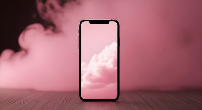 Creative Smartphone: Mobile phone showing pink clouds on screen with smoke background, abstract digital art, cloud computing, wireless connection, mobile wallpaper concept