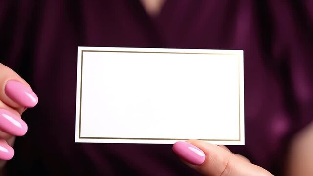 Woman with pink manicure holding a blank white business card with a gold border against a dark purple background for stylish marketing presentation
