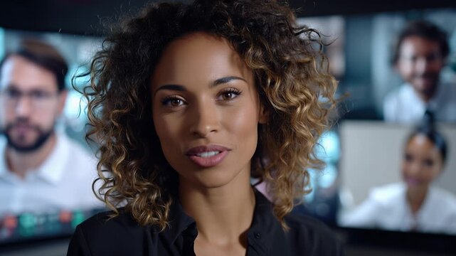 Woman smiles warmly at camera during video conference. Multiple colleagues appear on screen, engaged and attentive. Professional setting suggests remote teamwork and communication
