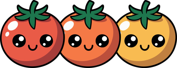 Fototapeta premium Cute Tomato Cartoon Characters Set Smiling Vegetable Icons Colorful Kawaii Food Mascot Flat Vector Illustration Design Collection