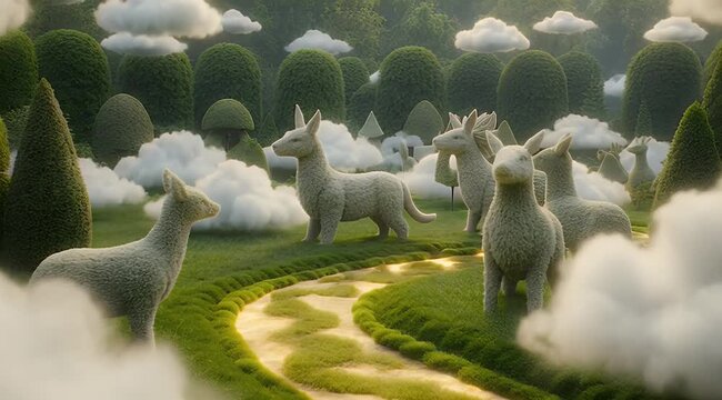 Fantastical scene stone llama-like creatures on a grassy path amidst topiary hills and clouds