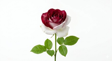 Fototapeta premium Beautiful bi-colored rose with burgundy red and white petals on green stem, isolated on white background. Perfect for romantic, wedding, Valentine's Day, and floral design concepts.