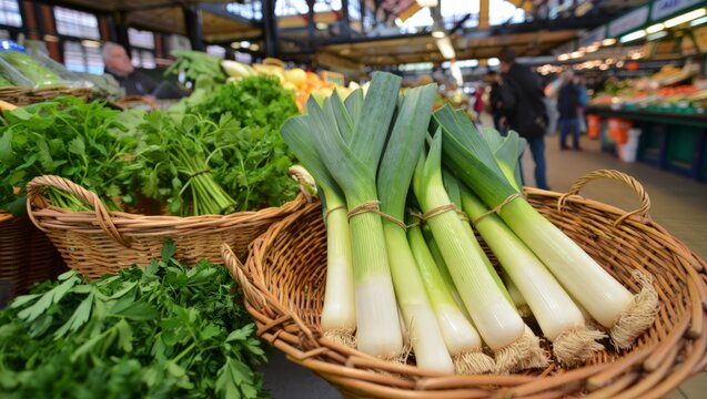 A vibrant display of fresh vegetables and herbs at a bustling market, showcasing a variety of healthy and nutritious produce for cooking and culinary use.
