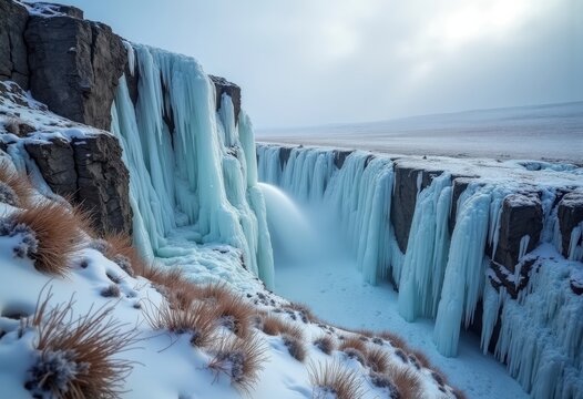 Barren Alpine Tundra Vista Stark Cliffside Ice Formations Empty Landscape Craggy Prominence Cold Serenity Uninhabited High Altitude