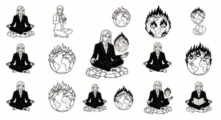 Obraz premium Meditating businesswoman with burning Earths, representing global environmental stress, climate change anxiety, and the pursuit of inner peace.