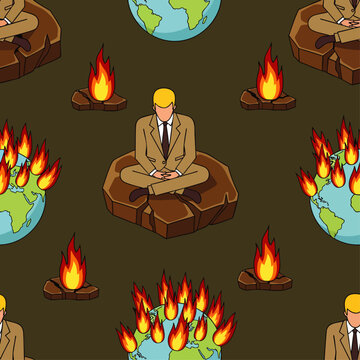 Seamless pattern: Businessman meditating on cracked rock as Earth burns, symbolizing corporate indifference to climate change and environmental destruction.