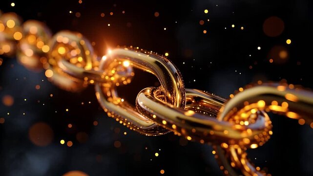 Golden chain glows with radiant energy. Flickering particles swirl around its links. Dark background enhances its brilliance. Ideal for luxury or security concepts. No people or animals appear