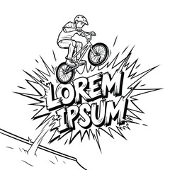 Naklejka premium A person wearing a bmx tshirt rides a bicycle in mid-air with motion lines, conveying a dynamic and energetic mood