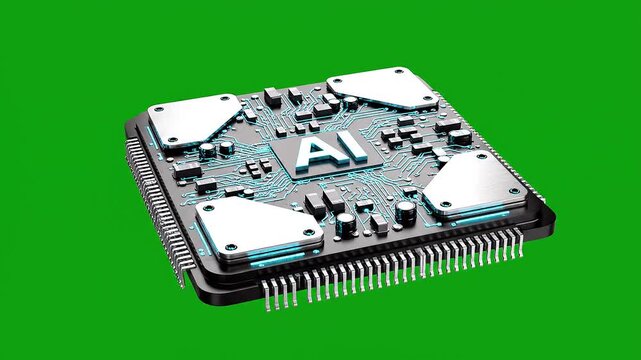 Close-up of microchip with AI circuit on green background