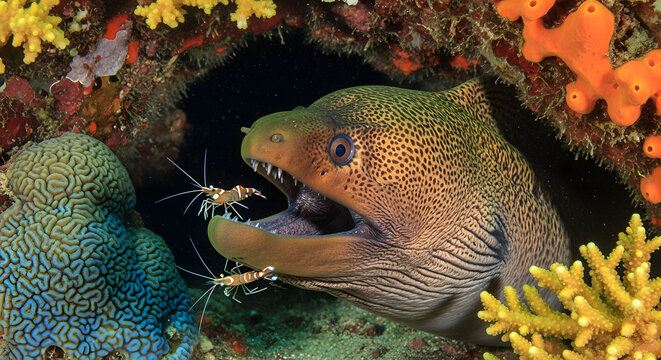 Moray eel and remora symbiotic relationship underwater