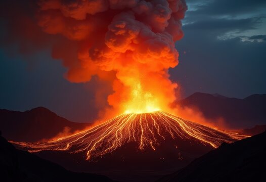 Explosive Nighttime Volcano Emitting Fiery Lava Flows Illuminating Dark Tropical Terrain