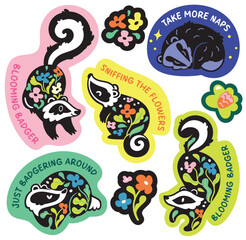 Adorable badger sticker collection with floral patterns and cozy moods