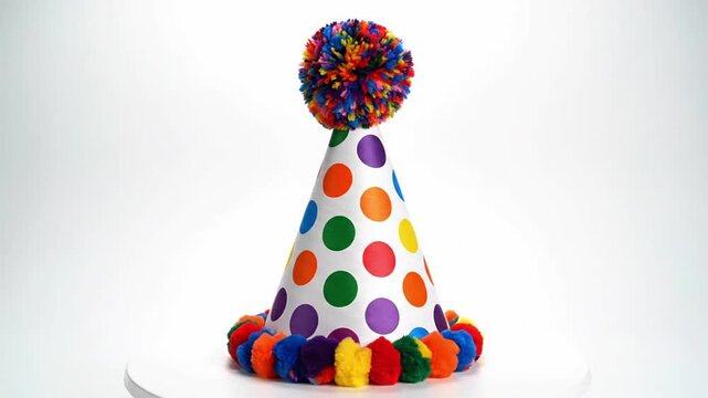 Vibrant polka dot party hat with multi-colored pom-poms rotating on a white background. Perfect visual for celebrations, birthdays, holidays, and events, symbolizing joy, fun, and festive mood.