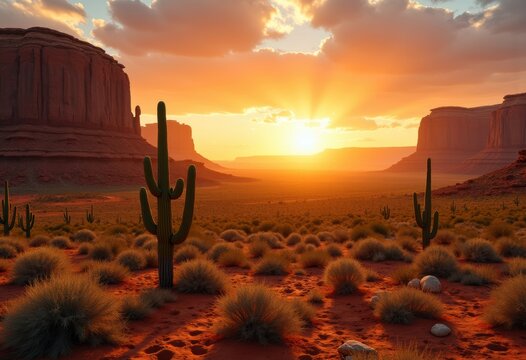 Golden Sunset Over Vibrant Cacti and Fiery Red Rocks Embracing Endless Desert Serenity