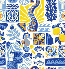 Mediterranean Mosaic Dream seamless pattern, vector style