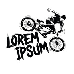 Naklejka premium A bmx rider wearing a tshirt performs a trick on a bike with dynamic motion graphics and text in a bold, black and white design