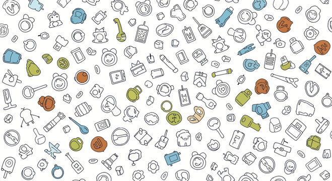 Abstract Doodle Pattern with Everyday Objects and Whimsical Elements.