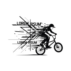 Naklejka premium A black silhouette of a person riding a BMX bike wearing a tshirt against a white background with abstract lines and Lorem Ipsum text