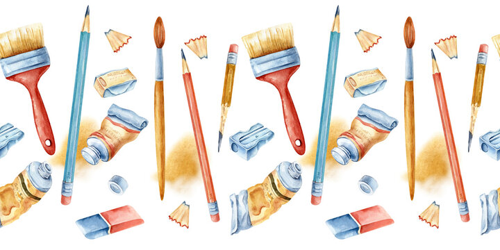 Back to School Watercolor Stationery Border Pattern with Art Supplies and Tools