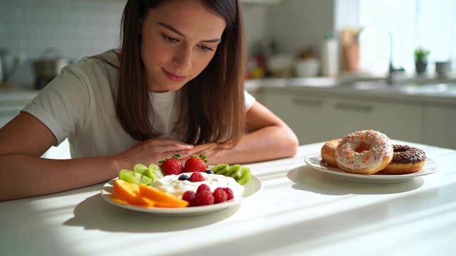 Woman choosing plate with fresh fruit and yogurt instead of donuts at kitchen table, showing healthy eating decision, balanced diet awareness, nutrition lifestyle, and mindful food choice.