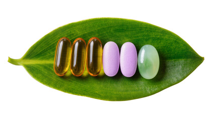 Isolated natural health supplements, vitamins, and soothing jade stone arranged on a green leaf © Stefan