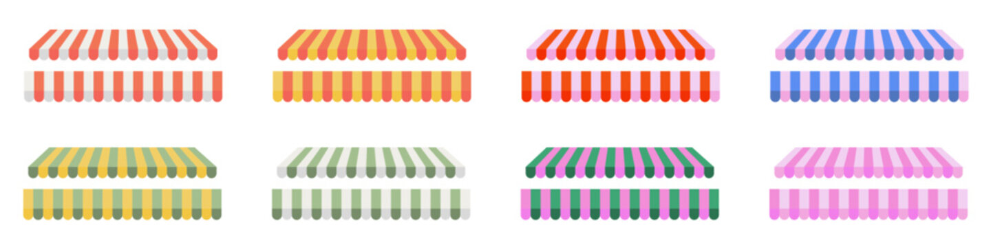 Striped shop awning and store canopy set isolated on transparent background. Colorful window awning vector collection