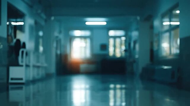 Abstract blurred background of an empty hospital hallway interior.