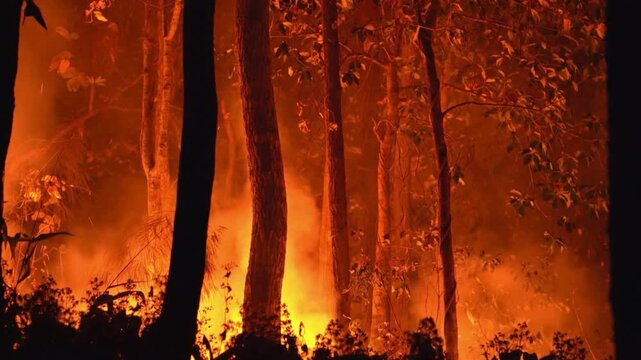 Disturbing scenes of Intense forest fire with thick flames Raging Through Woodland at Night. extreme wildfires driven by climate change and seasonal droughts in regions like North America, Australia, 