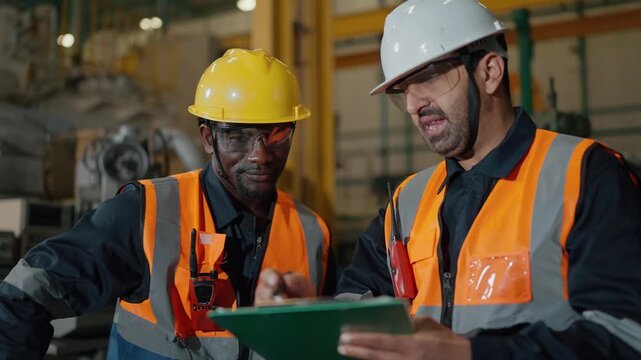 Collaborative Workshop: Two skilled workers, clad in safety gear, attentively review documentation within the industrial setting. This scene highlights teamwork, precision, and dedication to safety. 