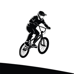 Naklejka premium A black silhouette of a bmx rider performing a trick on a bike against a white background with a minimalist composition