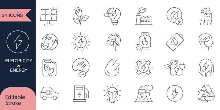 Electrical energy icons set, electricity, voltage, current, renewable energy, solar, battery, plug, circuit, energy efficiency, technology, professional design editable stroke vector Illustration.