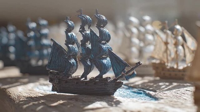 Detailed miniature sailing ship model with dark blue sails displayed on