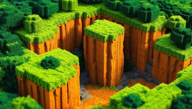 Vue a&eacute;rienne d'un monde imaginaire en voxels avec des falaises orang&eacute;es surmont&eacute;es d'une v&eacute;g&eacute;tation verdoyante textur&eacute;e comme de la mousse.