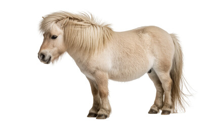 Isolated majestic dun-colored Fjord horse pony with distinctive upright mane standing side view © Natasha