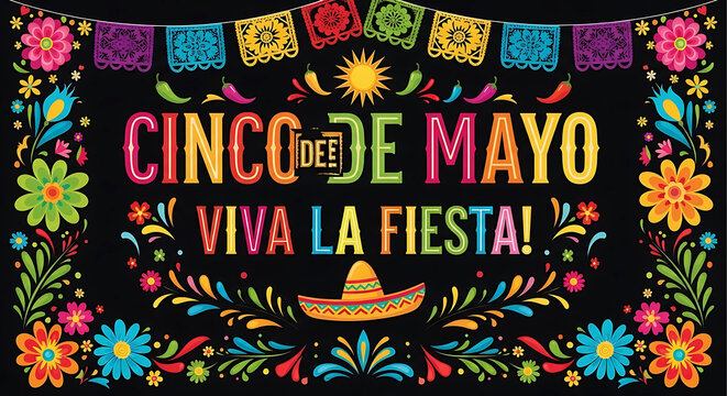 Cinco de Mayo Viva La Fiesta colorful flowers sombrero banner celebration