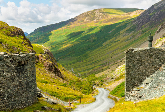 Honister Pass,slate mine and winding road,mid-summer,the Lake District,Cumbria,England,United Kingdom.