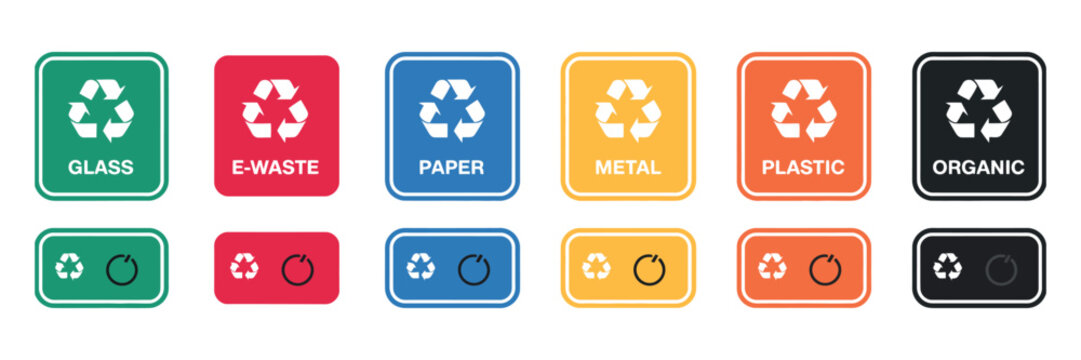 Recycling symbols waste sorting icons plastic paper glass metal organic ewaste bin labels vector signs for containers isolated white background