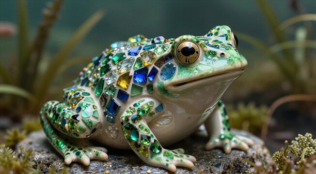 Intricate mosaic frog figurine with gemstone embellishments on natural background