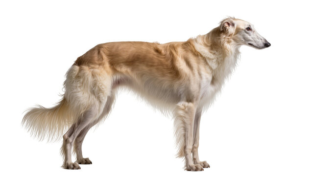 Isolated Borzoi dog standing gracefully and alertly, full body side view of a beautiful sighthound