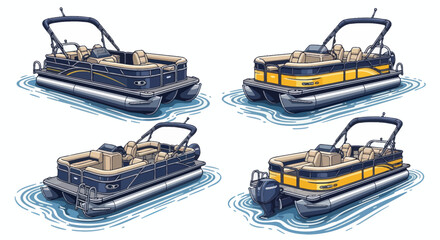 Four Pontoon Boats on Water, Two Blue and Two Yellow, for Recreation © siti