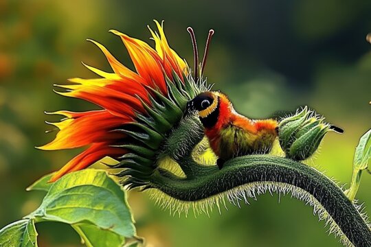 Une cr&eacute;ature fantastique hybride entre un oiseau et un insecte color&eacute; se repose sur une fleur exotique aux p&eacute;tales orange et jaunes &eacute;clatants.