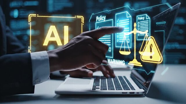 Professional managing AI legal compliance, policy review, and risk assessment using digital tools. Focus on ethical AI, data governance, regulatory adherence, and legal safety.
